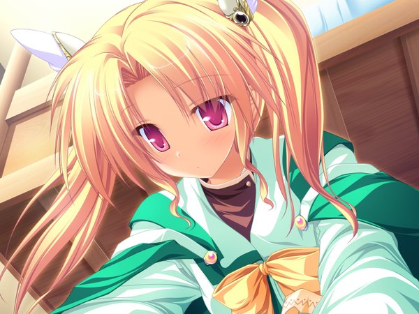 Anime picture 1600x1200 with magus tale whirlpool (studio) rena geminis tenmaso single long hair blush blonde hair twintails game cg pink eyes from below girl uniform hair ornament school uniform
