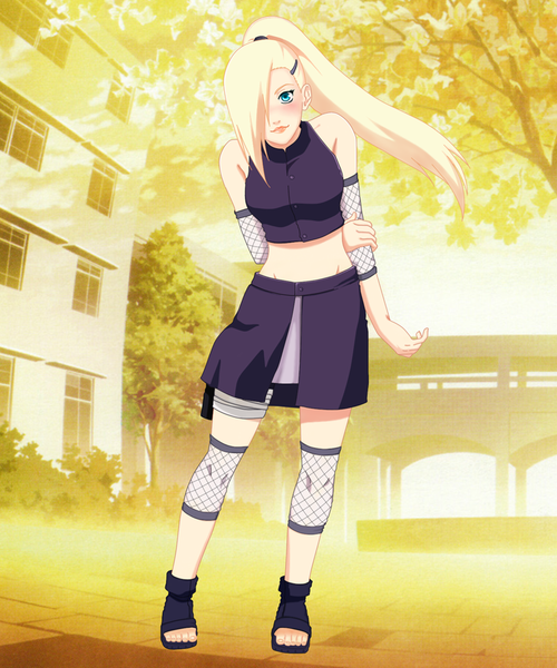 Anime picture 1900x2280 with naruto studio pierrot naruto (series) yamanaka ino single long hair tall image looking at viewer blush fringe highres blue eyes blonde hair smile standing ponytail hair over one eye open clothes girl hair ornament