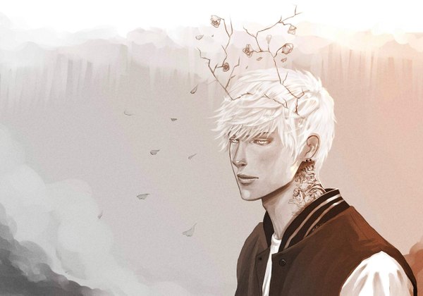 Anime picture 1280x897 with aleeth single short hair white hair tattoo monochrome white eyes boy flower (flowers) plant (plants) earrings petals