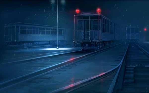 Anime picture 1680x1050 with original seo tatsuya highres wide image night snowing reflection snow no people polychromatic lantern lamppost train railways