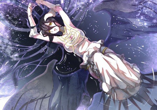 Anime picture 800x563 with overlord (maruyama) madhouse albedo (overlord) maruo (mokurentenpu) single long hair breasts open mouth black hair bare shoulders yellow eyes looking away purple hair head tilt multicolored hair horn (horns) from above arms up partially submerged gradient hair