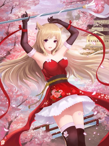 Anime picture 3000x4000 with original dew (7302235) single long hair tall image highres breasts blonde hair large breasts holding animal ears cleavage outdoors pink eyes cat ears arms up floating hair cherry blossoms architecture east asian architecture