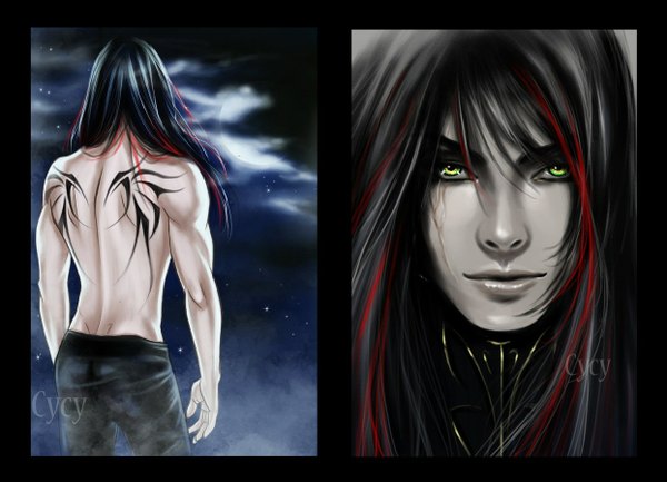Anime picture 1244x899 with original belkam syrkell long hair fringe black hair green eyes yellow eyes cloud (clouds) red hair multicolored hair from behind night tattoo night sky back scar face multiview boy