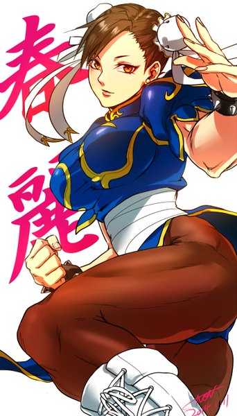 Anime picture 800x1400 with street fighter capcom chun-li non (nonzile) single tall image looking at viewer short hair light erotic simple background red eyes brown hair white background fighting stance girl underwear panties pantyhose blue panties