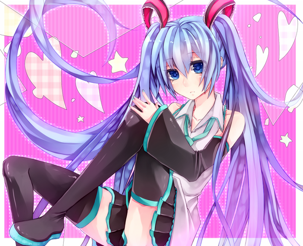 Anime picture 1000x812 with vocaloid hatsune miku wakatsuki you single long hair blue eyes twintails blue hair girl skirt ribbon (ribbons) hair ribbon detached sleeves miniskirt heart thigh boots