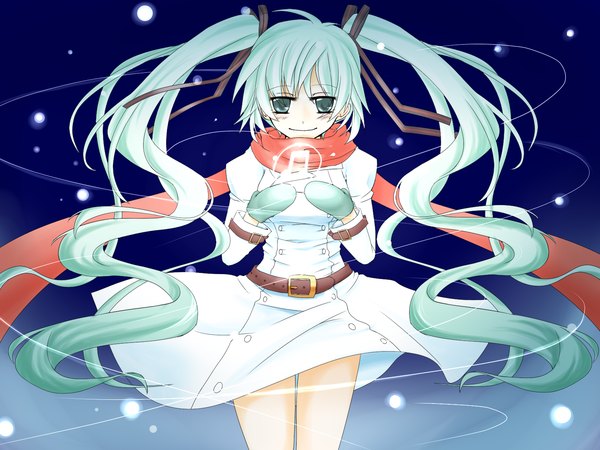 Anime picture 1600x1200 with vocaloid hatsune miku twintails snowing snow girl ribbon (ribbons)
