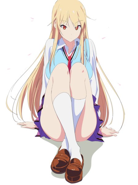 Anime picture 1121x1500 with sakura-sou no pet na kanojo j.c. staff shiina mashiro shino (comic penguin club) single long hair tall image looking at viewer fringe breasts light erotic blonde hair simple background red eyes large breasts white background sitting long sleeves crossed legs girl