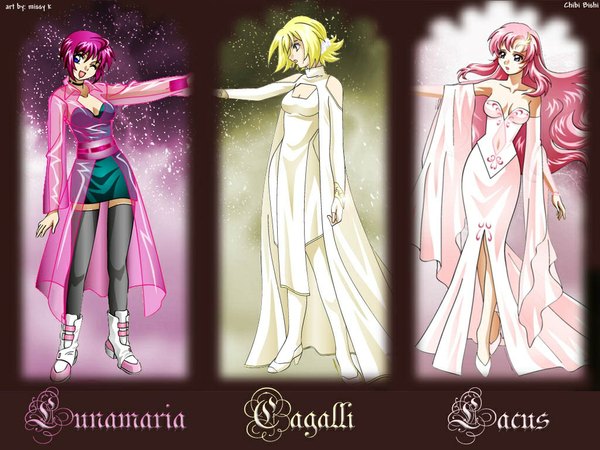 Anime picture 1024x768 with mobile suit gundam gundam seed destiny sunrise (studio) lacus clyne cagalli yula athha lunamaria hawke long hair short hair open mouth blonde hair purple eyes bare shoulders multiple girls pink hair ahoge profile one eye closed wink inscription grey eyes