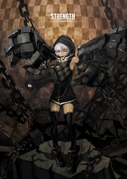 Anime picture 2150x3024 with black rock shooter strength (black rock shooter) bsl single tall image highres short hair white hair tail inscription orange eyes checkered background girl thighhighs weapon black thighhighs hood chain