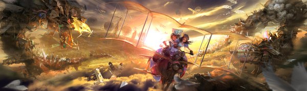 Anime picture 3356x1000 with american mcgee's alice (game) alice: madness returns mad jojo long hair highres brown hair wide image multiple girls green eyes cloud (clouds) evening sunset girl 2 girls monster aircraft airplane paper airplane hot air balloons