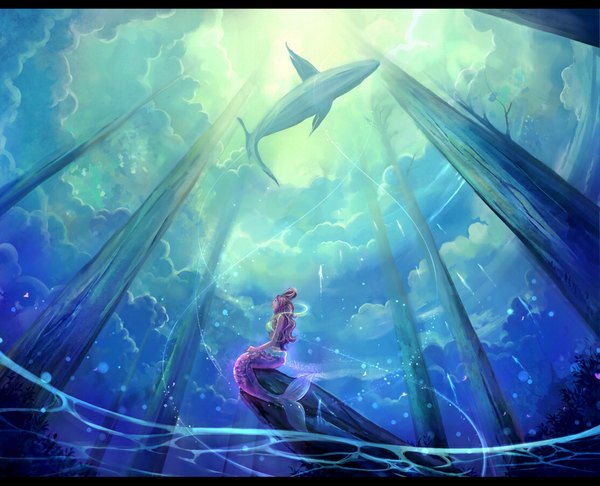 Anime picture 1111x900 with one piece toei animation shirahoshi megatruh long hair brown hair pink hair sky cloud (clouds) sunlight letterboxed underwater scenic fish tail girl plant (plants) animal tree (trees) water mermaid