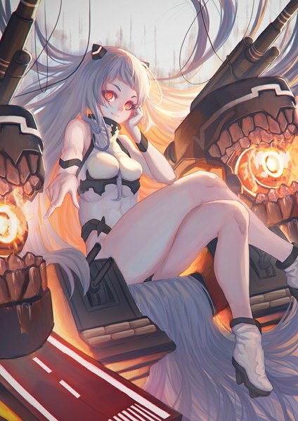 Anime picture 744x1053 with kantai collection airfield hime usanekorin (0bakasan) single long hair tall image breasts light erotic smile red eyes sitting bare shoulders white hair crossed legs pointing shinkaisei-kan girl dress weapon shoes
