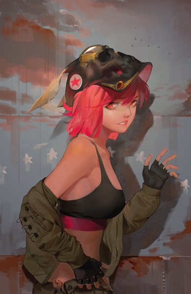 Anime picture 800x1230 with original gamma (geoffrey) single tall image looking at viewer short hair smile bare shoulders pink hair cloud (clouds) upper body parted lips open jacket bare belly orange eyes lipstick pink lipstick goggles on head against wall girl