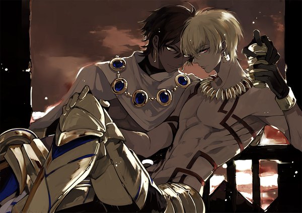 Anime picture 1200x849 with fate (series) fate/grand order fate/prototype fate/hollow ataraxia gilgamesh (fate) ozymandias (fate) zmore looking at viewer short hair blonde hair red eyes brown hair profile multiple boys tattoo topless muscle hand on knee abs boy
