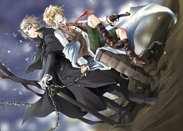 Anime picture 1100x787 with pandora hearts xebec oz vessalius eliot nightray short hair blonde hair smile green eyes aqua eyes grey hair dutch angle back to back boy gloves sword necktie shorts boots chain cloak