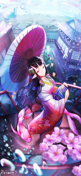 Anime picture 1024x2206 with original bibico single long hair tall image looking at viewer black hair standing signed full body traditional clothes japanese clothes hair flower horn (horns) light smile from above pointy ears city cityscape girl