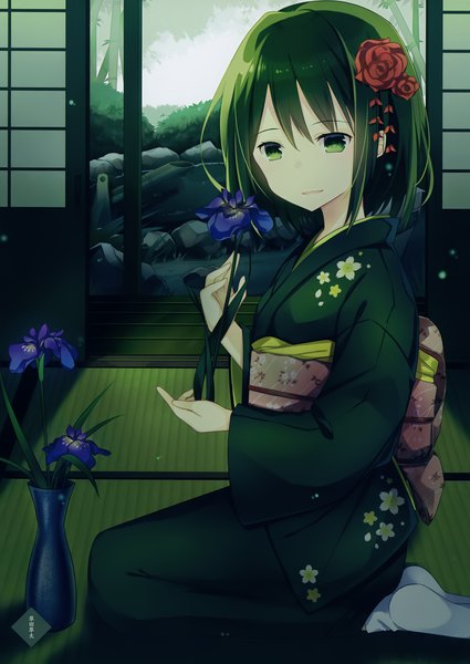 Anime picture 2831x4000 with original kusada souta single tall image looking at viewer highres short hair smile green eyes indoors traditional clothes japanese clothes hair flower green hair scan floral print girl hair ornament flower (flowers) kimono