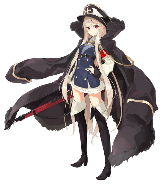Anime picture 1024x1188 with girls frontline kar98k (girls frontline) miruto netsuki single tall image looking at viewer fringe simple background blonde hair standing white background holding payot full body long sleeves very long hair pink eyes high heels zettai ryouiki fur trim