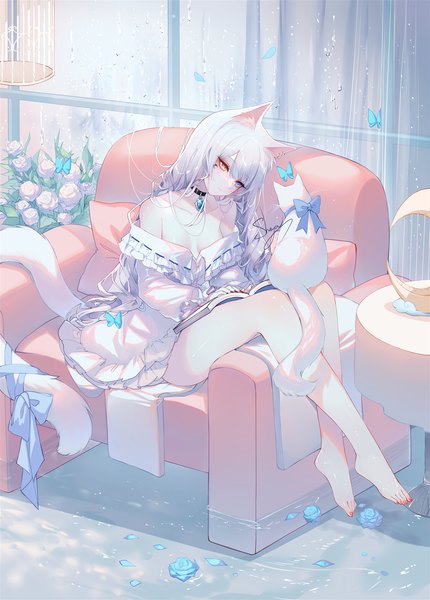 Anime picture 1433x2000 with original sheya single long hair tall image fringe breasts blue eyes bare shoulders signed animal ears yellow eyes looking away full body white hair indoors tail nail polish animal tail barefoot
