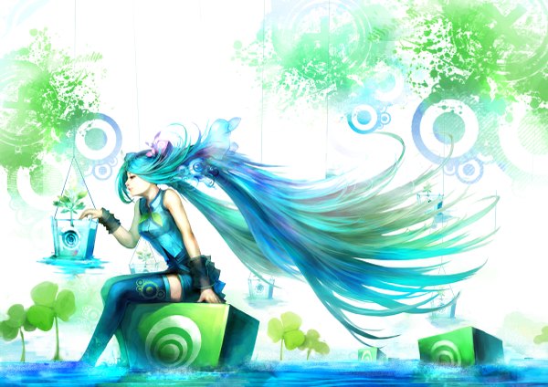 Anime picture 1200x849 with vocaloid hatsune miku youshun (naturaljuice) long hair simple background white background sitting twintails very long hair aqua hair girl thighhighs plant (plants) water clover (plant)