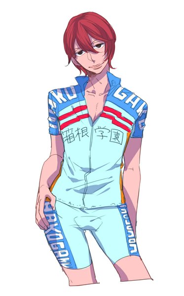 Anime picture 528x848 with yowamushi pedal shinkai hayato yomimatigai single tall image looking at viewer short hair simple background smile red eyes white background red hair hand on hip open collar boy uniform gym uniform bike shorts