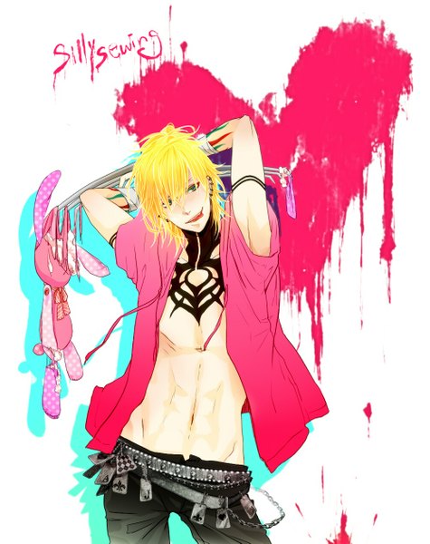 Anime picture 1000x1263 with togainu no chi nitro+chiral gunji (tnc) shinobu clam (artist) single tall image looking at viewer short hair simple background blonde hair white background green eyes looking away open clothes open jacket midriff arms behind head boy navel earrings