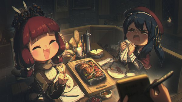 Anime picture 3200x1800 with original porforever fringe highres short hair open mouth wide image sitting multiple girls yellow eyes blue hair red hair blunt bangs eyes closed :d victory restaurant girl 2 girls food