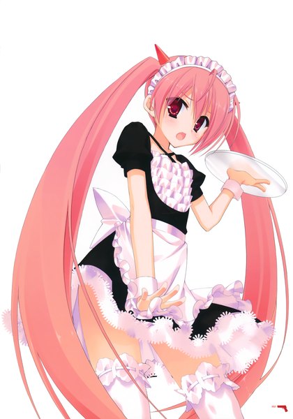 Anime picture 2445x3492 with hidan no aria kanzaki h aria kobuichi single tall image blush highres open mouth simple background red eyes white background twintails pink hair very long hair horn (horns) scan official art maid loli girl
