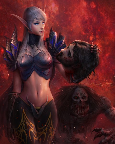 Anime picture 1600x2000 with world of warcraft blizzard entertainment blood elf death knight vem single long hair tall image short hair blue eyes light erotic black hair pointy ears grey hair midriff elf zombie horror girl navel