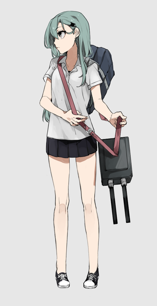 Anime picture 595x1158 with kantai collection suzuya heavy cruiser hita (hitapita) single long hair tall image fringe simple background hair between eyes looking away profile aqua hair grey background grey eyes open collar girl uniform hair ornament school uniform shoes