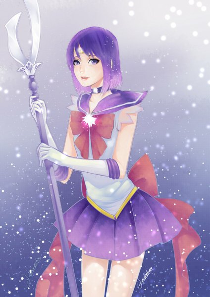 Anime picture 1024x1448 with bishoujo senshi sailor moon toei animation sailor saturn ainlavendra (artist) single tall image looking at viewer short hair simple background standing purple eyes holding purple hair pleated skirt grey background snowing girl skirt gloves bow