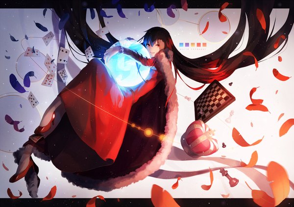 Anime picture 2000x1412 with original p.rupon single long hair looking at viewer fringe highres smile red eyes red hair hug magic girl dress ribbon (ribbons) fur leaf (leaves) cloak crown red dress
