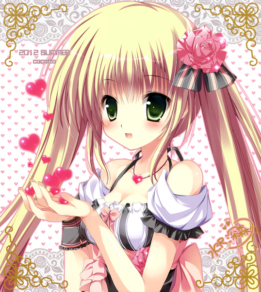 Anime picture 2807x3126 with mizusawa mimori single long hair tall image blush highres open mouth blonde hair twintails bare shoulders green eyes hair flower girl dress hair ornament heart