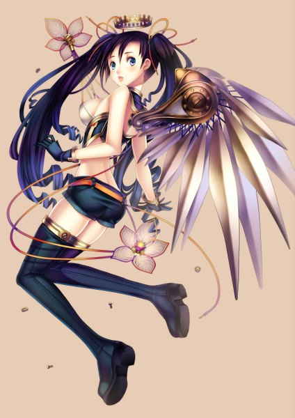 Anime picture 1000x1414 with original falseele single long hair tall image blue eyes black hair twintails bare shoulders mechanical wings girl gloves hair ornament flower (flowers) wings shorts thigh boots crown