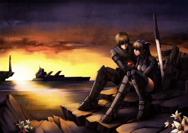Anime picture 2480x1754 with original akimbo kimochi (artist) long hair highres short hair blue eyes brown hair sitting cloud (clouds) couple evening sunset girl thighhighs boy flower (flowers) weapon black thighhighs sword sea