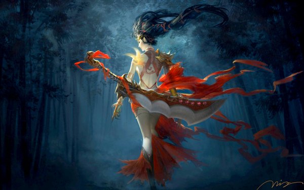 Anime picture 1440x900 with tagme (artist) single long hair black hair wide image japanese clothes looking back wind girl weapon plant (plants) sword huge weapon huge sword bamboo