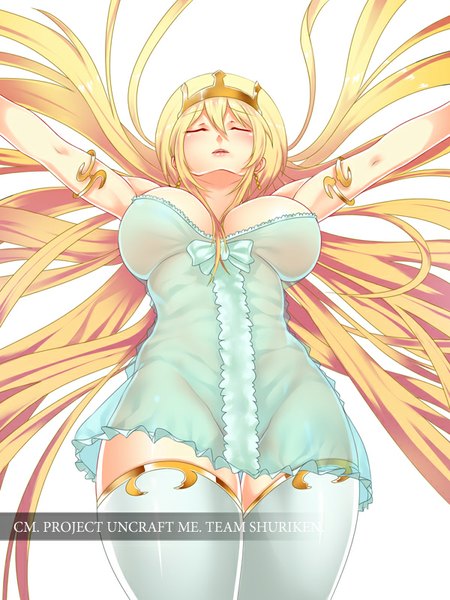 Anime picture 600x800 with uncraft me! (game) eirene (uncraft me!) fuya (tempupupu) single long hair tall image blush fringe breasts light erotic simple background blonde hair large breasts white background eyes closed girl thighhighs dress earrings white thighhighs
