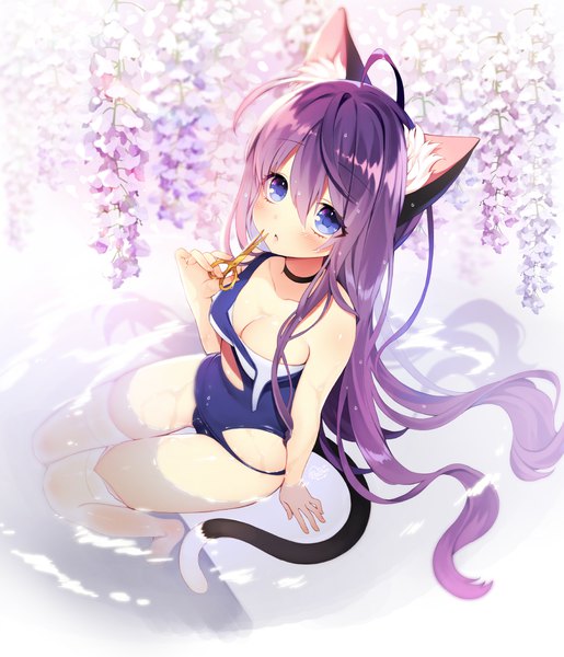 Anime picture 1000x1165 with original byulzzimon single long hair tall image blush fringe breasts blue eyes light erotic hair between eyes large breasts sitting animal ears purple hair ahoge tail animal tail cat ears cat girl