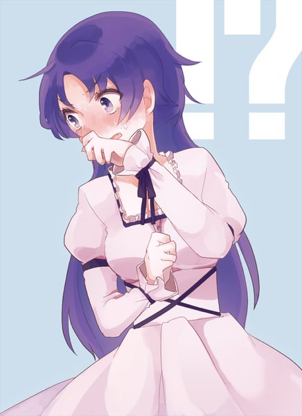 Anime picture 655x900 with mirai nikki uryuu minene shigure ui single long hair tall image blush open mouth simple background looking away purple hair fang (fangs) sweat embarrassed puffy sleeves blue background sweatdrop covered mouth ? !