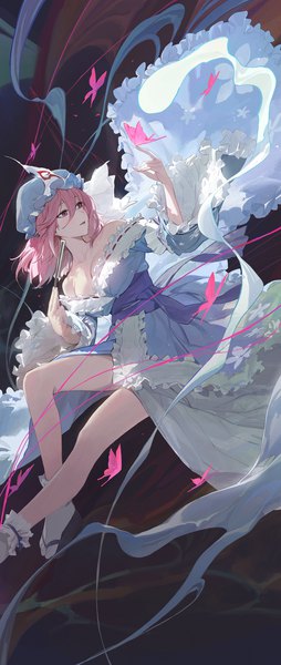 Anime picture 1500x3537 with touhou saigyouji yuyuko modare single tall image fringe short hair breasts light erotic hair between eyes looking away pink hair pink eyes off shoulder butterfly on hand girl hat socks frills insect