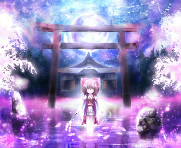 Anime picture 1550x1273 with touhou hakurei reimu missle228 long hair brown hair eyes closed traditional clothes night night sky cherry blossoms shooting star girl bow plant (plants) hair bow tree (trees) water insect butterfly moon