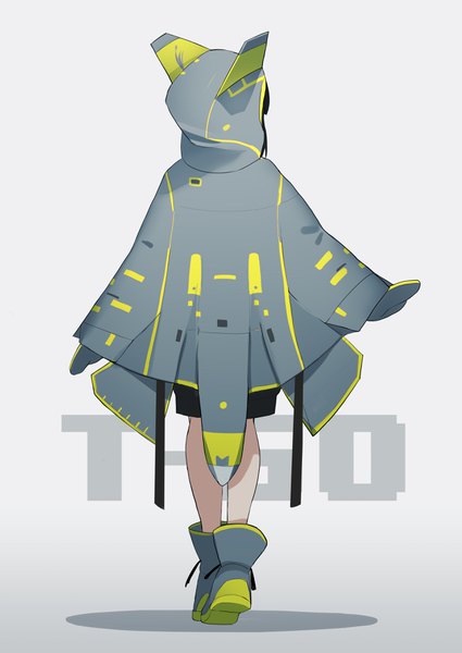 Anime picture 2508x3541 with original fami (yellow skies) single tall image highres standing full body from behind character names gradient background back personification girl boots hood cloak mittens