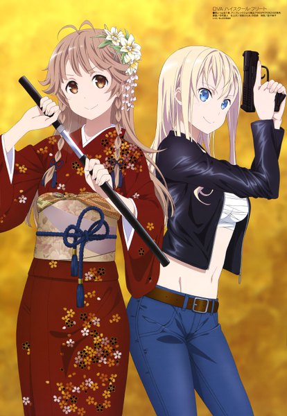 Anime picture 4087x5925 with high school fleet megami magazine wilhelmina braunschweig ingenohl friedeburg nosa kouko nakamura naoto long hair tall image looking at viewer fringe highres blue eyes blonde hair smile brown hair multiple girls holding absurdres ahoge braid (braids) traditional clothes