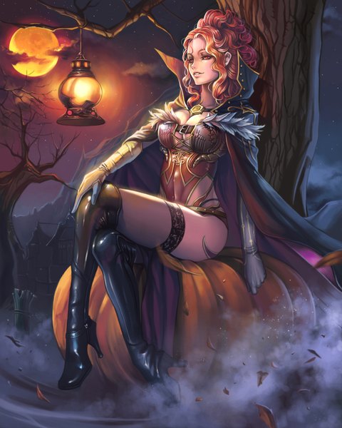 Anime picture 1600x2000 with original dantewontdie single long hair tall image breasts light erotic red eyes sitting orange hair night crossed legs wavy hair halloween girl gloves plant (plants) tree (trees) elbow gloves moon