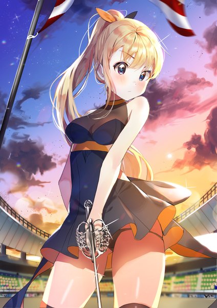 Anime picture 2480x3508 with original dr poapo single long hair tall image blush highres blue eyes light erotic blonde hair sky cloud (clouds) ponytail sunlight embarrassed evening sunset sunbeam girl thighhighs