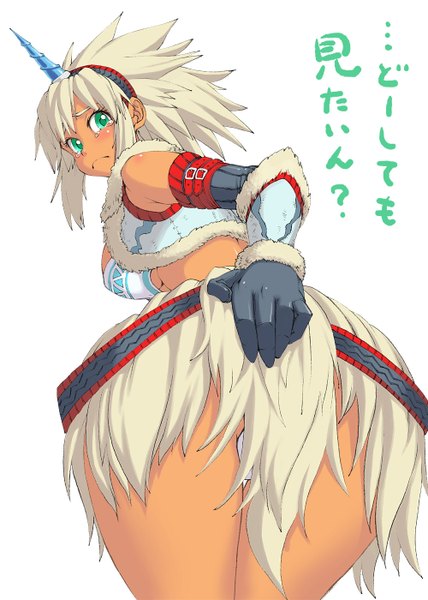 Anime picture 1000x1400 with monster hunter kirin (armor) nekoguchi single long hair tall image looking at viewer blush light erotic simple background white background green eyes ass looking back horn (horns) grey hair from behind girl gloves underwear