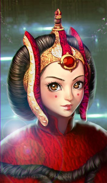 Anime picture 589x1000 with star wars padme amidala riiya (mabong1989) single tall image looking at viewer blush simple background brown hair brown eyes signed lips lipstick watermark eyebrows red lipstick girl headdress