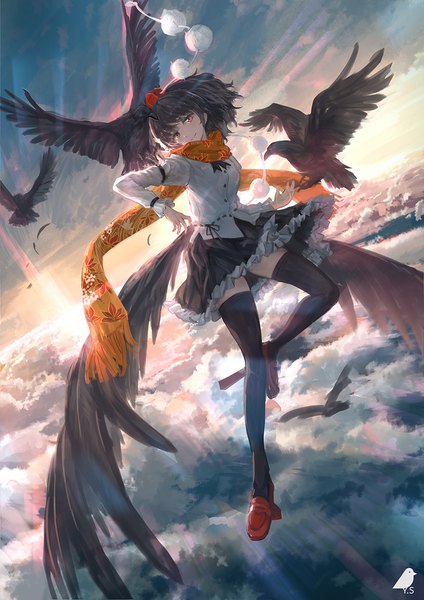 Anime picture 848x1200 with touhou shameimaru aya you shimizu single tall image looking at viewer fringe short hair black hair smile red eyes signed cloud (clouds) full body head tilt sunlight dutch angle zettai ryouiki evening sunset