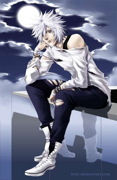 Anime picture 1024x1582 with katekyou hitman reborn byakuran xync tall image short hair smile purple eyes cloud (clouds) white hair arm support tattoo night sky coloring torn clothes reflection boy star (stars) full moon