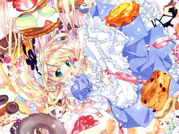 Anime picture 1024x768 with gosick studio bones victorique de blois takeda hinata long hair blush blonde hair :o high heels eating surprised ribbon (ribbons) food shoes frills sweets apron bonnet candy cake